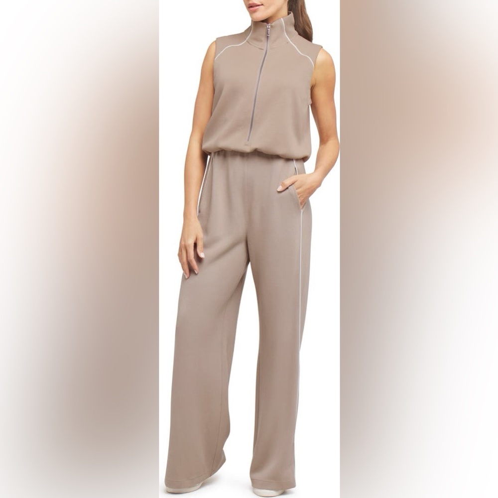 SPANX Wide Leg Jumpsuit in Tan with White Accents